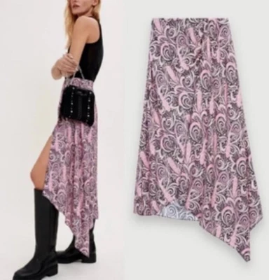 Falda Midi MAJE Apollo Asimétrica Paisley Remolino Rosa 42 EU/10 EE. UU. NUEVA CON ETIQUETAS Foto 1 de 4