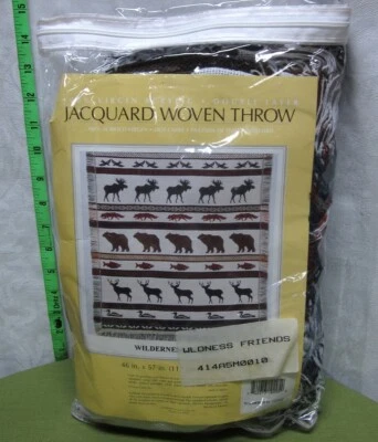 JACQUARD WOVEN THROW cabin Wilderness Friends NWT blanket Fox & Moose acrylic - Image 1 of 3