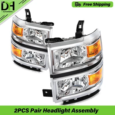 PAIR/2PCS Chrome Amber Headlights Assembly For 2014-2015 Chevy Silverado 1500 - Image 1 of 4