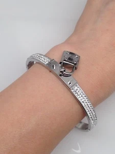 Stainless Steel Cz Love Lock Bangle Bracelet Womens 6.5" 6mm - Picture 1 of 30