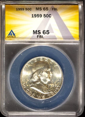 1959 50c Silver Franklin Half-dollar MS 65 FBL ANACS # 7695759 + Bonus - Image 1 of 2