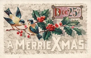 576 Birds Perched On Holly Branch Merry Christmas Postcard - Picture 1 of 2