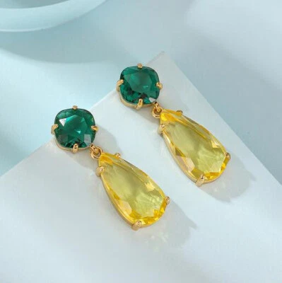 Los más nuevos aretes cuadrados de cuarzo verde con gota de citrino real enchapados en oro de plata Foto 1 de 4