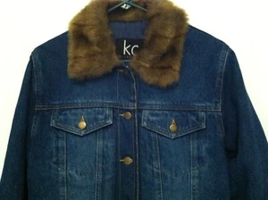 KC Collections Blue Denim Jacket Womens Size Medium Faux Fur 4 Pockets Metal - Picture 1 of 9