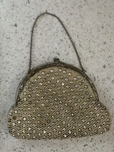 1940s Vintage Evening Bag- Hand Sewn- Rhinestones Kiss Lock Metal Chain - Picture 1 of 5