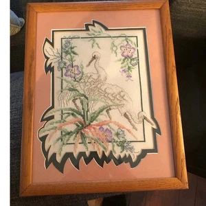 Vintage MC punto croce astratto, fiori di uccellini di egret, fogliame - Foto 1 di 4
