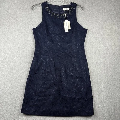 Vestido feminino Trina Turk 8 azul marinho sem mangas gola frisada renda coquetel - Imagem 1 de 4