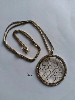 Sehr Lange Halskette xxl Mit Amulett goldfarben mit Herzen und Strasssteinen - Bild 1 von 3