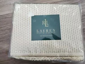 Ralph Lauren Twin Flat Sheet Cold Spring Pinstripe Heartland Cream Black Crochet - Picture 1 of 4
