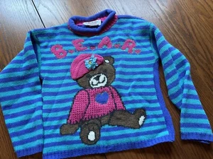 vtg 80s girls S 4 heartworks striped BEAR teddy sweater - Picture 1 of 5
