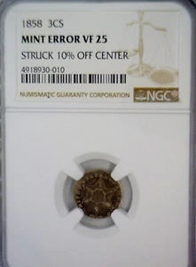 1858 ERROR OFF CENTER NGC VF25 Three Cent SILVER Coin NICE RARE 3c O/C FREE SHIP - Picture 1 of 4