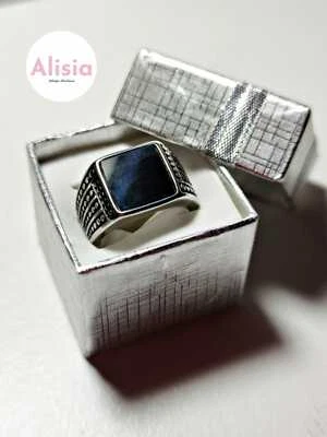 Anello MOREMAN acciaio pietra quadrata nera onice misura 20 + confezione regalo - Immagine 1 di 4