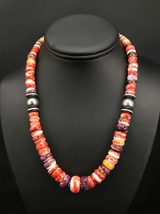 Native Spiny Oyster Graduated Navajo Sterling Silver 18” Necklace 4855 - Picture 1 of 12