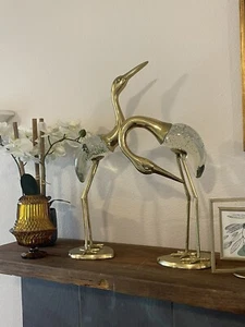 Hollywood Regency MCM Brass & Blown Bubble Glass Crane Heron Stork Statues 18” - Picture 1 of 8