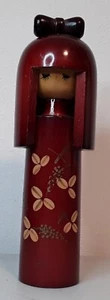 Kokeshi Doll , Tall Slim Red , 7.5" , Flowers - Picture 1 of 6