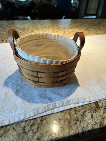 LONGABERGER 1995 Button Basket w Liner, Protector & Card, Brown With Black Cover