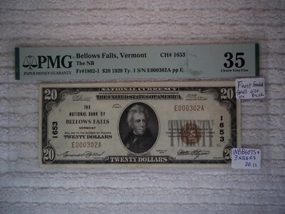 1929 $20 Bellows Falls Vermont VT National Currency T1 # 1653 1st NB  PMG 35 #ms - Image 1 of 2