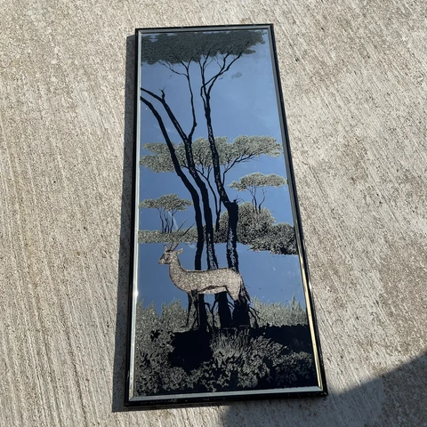 VTG MCM Framed Wall Hanging Mirror W Etching Gemsbok Antelope African Art LN Cover