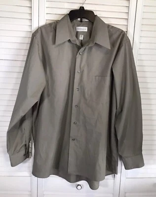 Van Heusen Poplin Dress Shirt Mens L 16.5 X 34/35 Tan/Green Long Sleeve - Image 1 of 4
