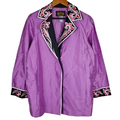 Chaqueta Bob Mackie Púrpura Floral Bordada Botón Manga Larga 100% Seda Talla S Foto 1 de 4