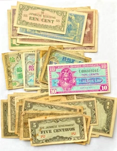 Lot War Money Military Currency Japan Peso Centavos Gulden Sen Yen Francs Cents - Picture 1 of 1