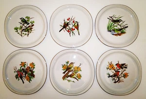 6 Teller mit Vogelmotiv Eckig gerundet mit Goldrand 1,3cm x ø 14,6cm / 15,1cm   - Picture 1 of 7