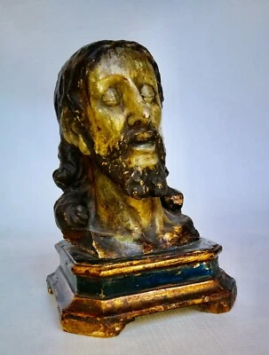 buste du CHRIST en bois polychrome 18 ème Hr 27 cms - Photo 1/4