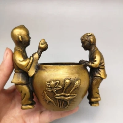 China Ancient Boy Girl Vintage Copper Ashtray Incense Burner Bronze Urn Ornament - Image 1 of 4