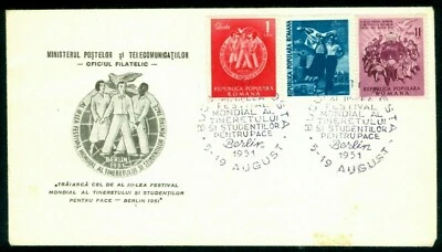 1951 Stalin statue,Berlin Youth Festival,Brandenburg,Dance,Dove,Romania,1264,FDC - Image 1 of 3