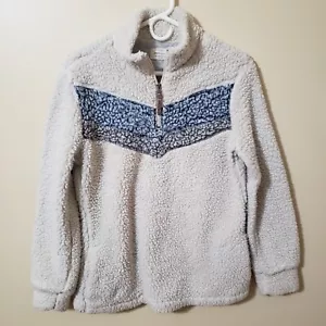 Pullover piccolo accogliente 1/4 zip resistente alle intemperie finto sherpa panna blu grigio chevron - Foto 1 di 13