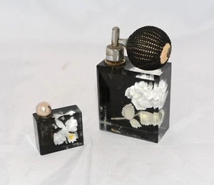 Vintage Perspex Lucite Floral Encased Small Perfume Bottle & Larger Atomiser - Picture 1 of 13