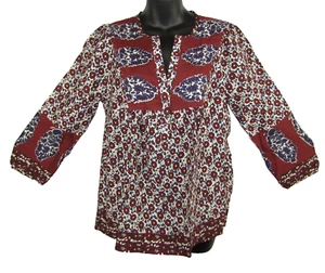 Lucky Brand Red Purple Multi Peasant Blouse Top Small 3/4 Sleeve V Neck - Picture 1 of 8