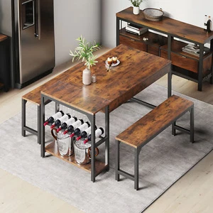 63" 3 Piece Dining Table Set for 4 Home Kitchen Breakfast Dinette with 2 Benches - Picture 1 of 12