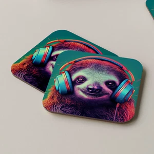 Sloth Coaster Drinks Mats Tea Coffee Coasters Headphones DJ Music - Picture 1 of 2