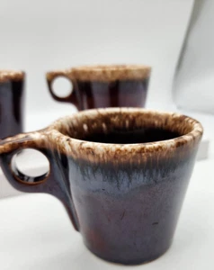 Set of 3 Hull Oven Proof Made in U.S.A. Brown Drip 3-1/2" Tall Coffee Tea Cups - Picture 1 of 10