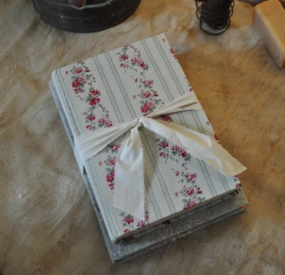 2 Primitive / Victorin 19c Fabric Covered Books Calico Greens & Rose Ticking - Image 1 of 4