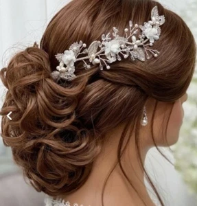 Lace & Favour Tabitha Silver Leaves Ivory Flowers Pearl Bridal Hair Vine Tiara - Picture 1 of 9