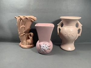 Vintage McCoy Pottery Pink Vases Art Deco Lot ~ Double Handled Swan Dogwood - Picture 1 of 10