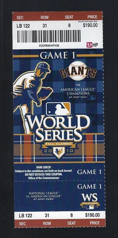 2010 WORLD SERIES TEXAS RANGERS @ SF GIANTS FULL UNUSED BASEBALL TICKET GAME #1 Cover