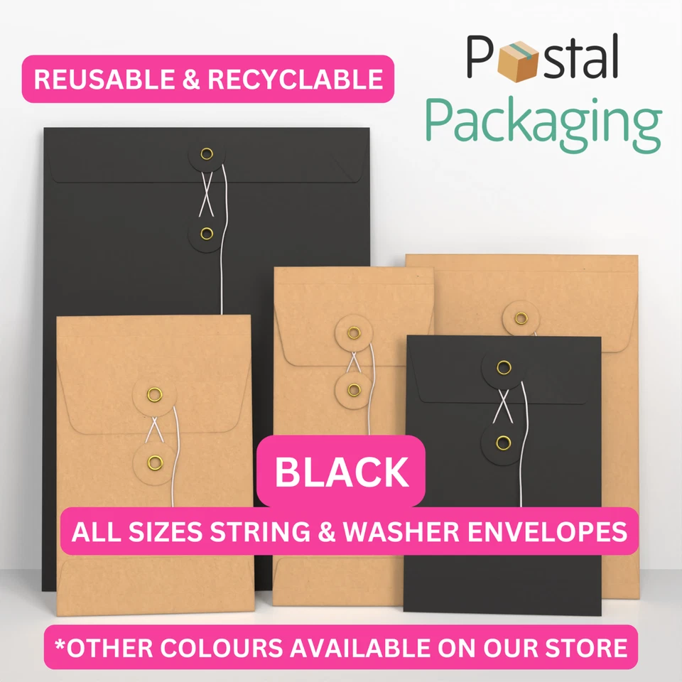 ALL SIZES BLACK String & Washer Envelopes Button Tie Fast&Free Delivery - Image 1 of 4