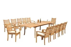 A-Grade Teak 13pc Dining 118" Rectangle Table 12 Aspen Stacking Arm Chairs Set - Picture 1 of 4