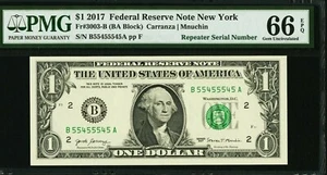$1 FRN 2017 Fancy Binary Repeater 55455545 Federal Reserve Note PMG 66 EPQ - Picture 1 of 2