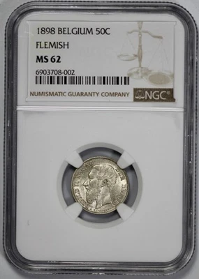 50 céntimos de plata Bélgica 1898 NGC MS 62 flamenco Foto 1 de 4
