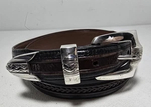 Onyx By Brighton Leather Belt 36 Black/Brown Braided Pinion Hills Inlay 12200 - Picture 1 of 8