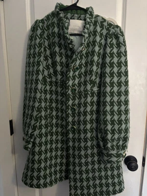 Anthropologie Leifsdottir Green And White Houndstooth Wool Coat - Image 1 of 4