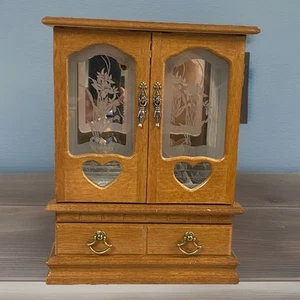 Wooden Music Box Armoire Jewelry Box Glass Doors "You Light Up My Life" - Picture 1 of 18
