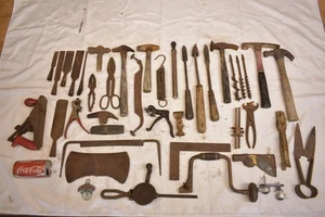 Antique Tools Wrenches Socket Chisels Ax Head Hammers Drills Hand Plane Saw Set - Picture 1 of 7