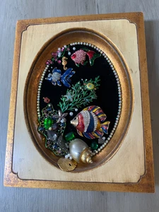 Vintage Handmade Framed Jewelry Collage, Fishbowl Shadow Box Art, 9x7" - Picture 1 of 8