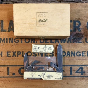 Vintage Der Wal Solingen Schrimshaw Ducks Pocket Knife/ Money Clip, With Box - Picture 1 of 12