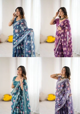 Beautiful Collection Hevay Linen Saree With Blouse For Women & Girls Foto 1 de 4